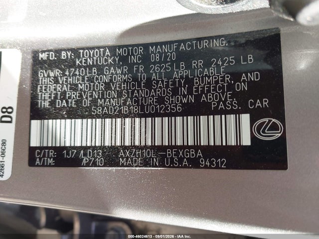 46024613 :رقم المزاد ، 58AD21B18LU012356 vin ، 2020 Lexus Es 300h مزاد بيع