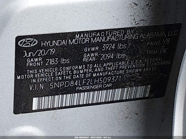 Продаж на аукціоні авто 2020 Hyundai Elantra Sel, vin: 5NPD84LF2LH509371, номер лоту: 46024622