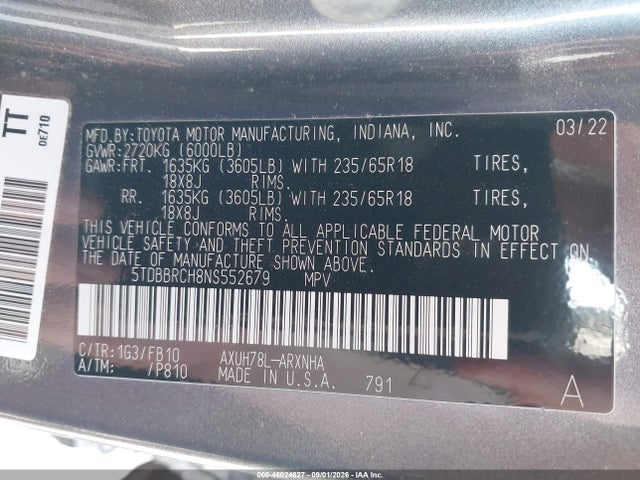 Toyota Highlander Hybrid Le 2022 5TDBBRCH8NS552679 Image 9