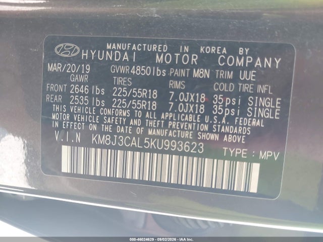 Aukcja sprzedaży 2019 Hyundai Tucson Sel, vin: KM8J3CAL5KU993623, numer aukcji: 46024629