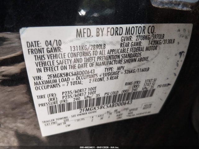 Продажа на аукционе авто 2010 Ford Flex Se, vin: 2FMGK5BC5ABD00643, номер лота: 46024631