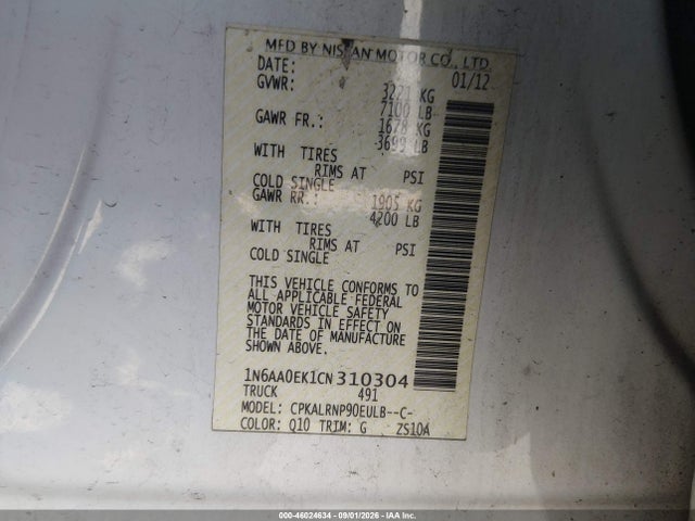 46024634 :رقم المزاد ، 1N6AA0EK1CN310304 vin ، 2012 Nissan Titan S مزاد بيع