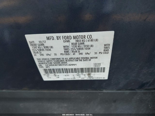 2017 Ford Explorer Limited მანქანა იყიდება აუქციონზე, vin: 1FM5K8F88HGC22991, აუქციონის ნომერი: 46024635