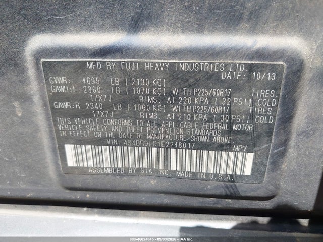 Продажа на аукционе авто 2014 Subaru Outback 3.6r Limited, vin: 4S4BRDLC1E2248017, номер лота: 46024645
