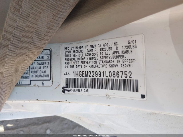 Продажа на аукционе авто 2001 Honda Civic Ex, vin: 1HGEM22991L086752, номер лота: 46024652