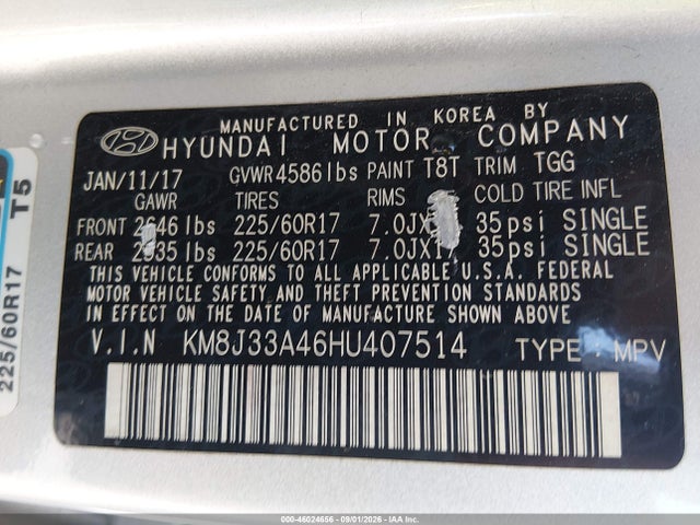 2017 Hyundai Tucson Se მანქანა იყიდება აუქციონზე, vin: KM8J33A46HU407514, აუქციონის ნომერი: 46024656