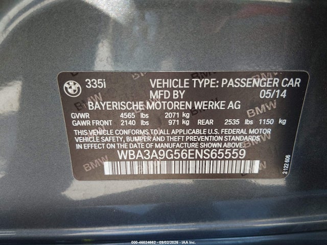 2014 Bmw 335i მანქანა იყიდება აუქციონზე, vin: WBA3A9G56ENS65559, აუქციონის ნომერი: 46024662