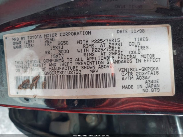 46024663 :رقم المزاد ، JT3GN86R6X0102793 vin ، 1999 Toyota 4runner Sr5 V6 مزاد بيع
