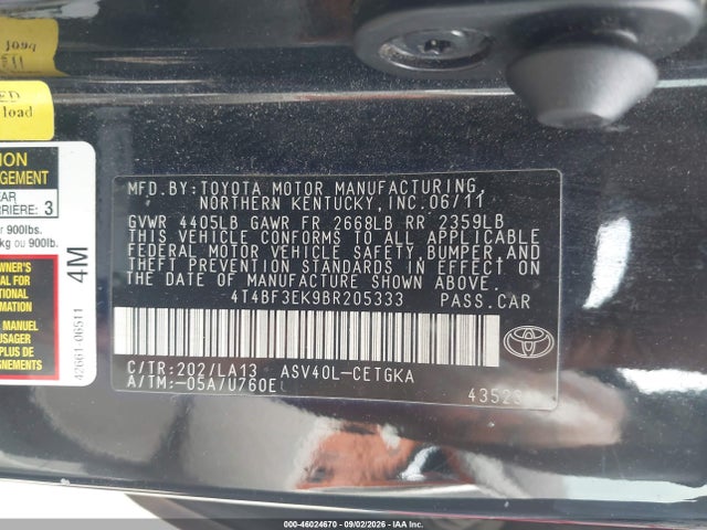 Aukcja sprzedaży 2011 Toyota Camry Xle, vin: 4T4BF3EK9BR205333, numer aukcji: 46024670