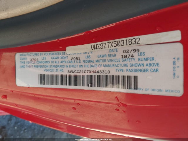 46024683 :رقم المزاد ، 3VWCC21C7XM443310 vin ، 1999 Volkswagen New Beetle Gls مزاد بيع