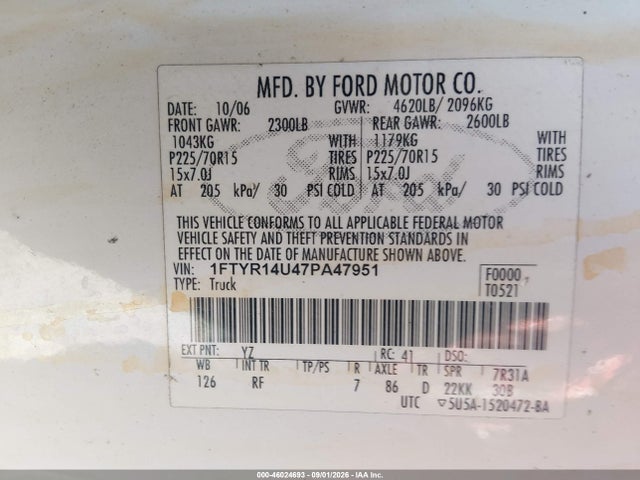 46024693 :رقم المزاد ، 1FTYR14U47PA47951 vin ، 2007 Ford Ranger Sport/stx/xl/xlt مزاد بيع