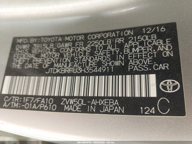 Продаж на аукціоні авто 2017 Toyota Prius Two, vin: JTDKBRFU3H3544911, номер лоту: 46024700