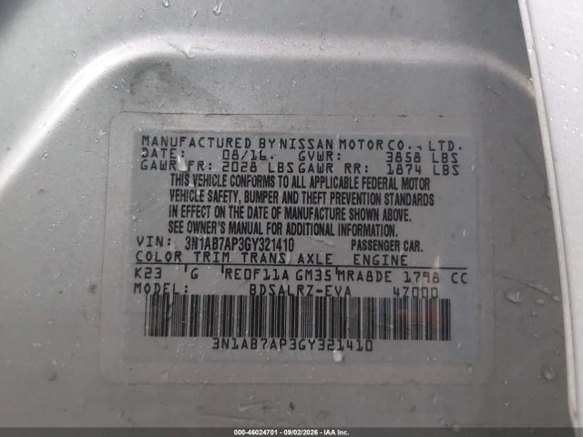 2016 Nissan Sentra Sr მანქანა იყიდება აუქციონზე, vin: 3N1AB7AP3GY321410, აუქციონის ნომერი: 46024701