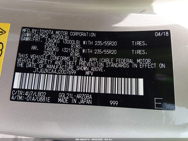 46024710 :رقم المزاد ، JTJGZKCA4J2007699 vin ، 2018 Lexus Rx 350l Premium مزاد بيع