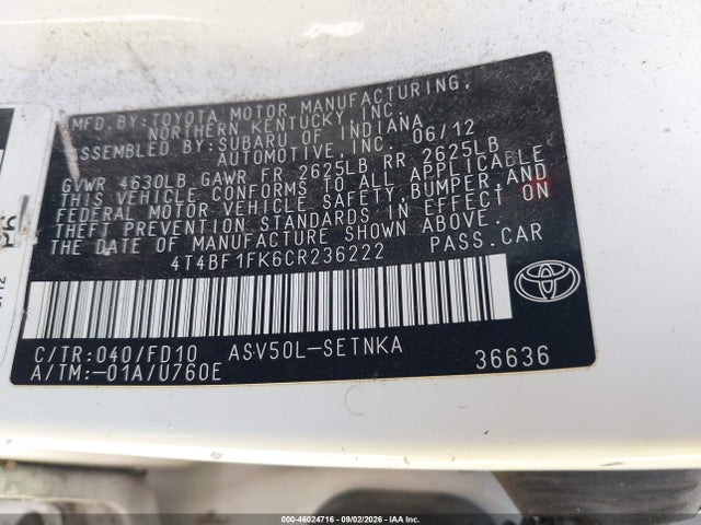 Продажа на аукционе авто 2012 Toyota Camry Le, vin: 4T4BF1FK6CR236222, номер лота: 46024716