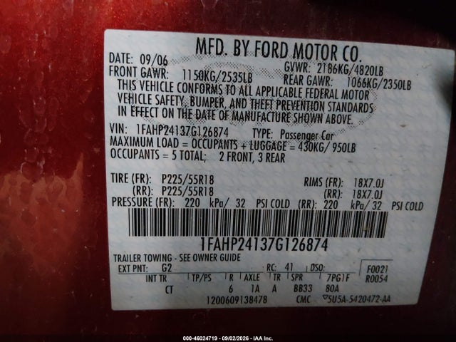 Продажа на аукционе авто 2007 Ford Five Hundred Sel, vin: 1FAHP24137G126874, номер лота: 46024719