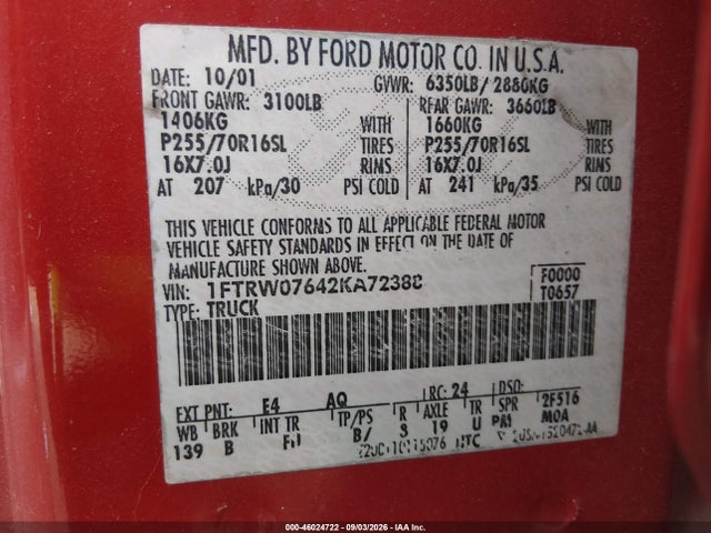 46024722 :رقم المزاد ، 1FTRW07642KA72388 vin ، 2002 Ford F-150 Lariat/xlt مزاد بيع