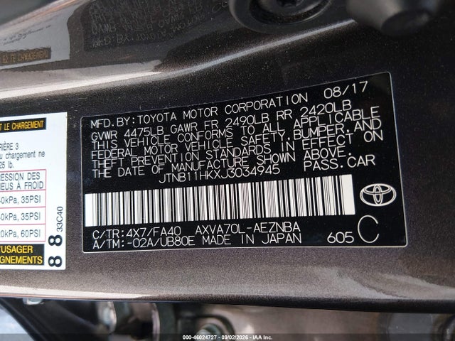 46024727 :رقم المزاد ، JTNB11HKXJ3034945 vin ، 2018 Toyota Camry Le مزاد بيع