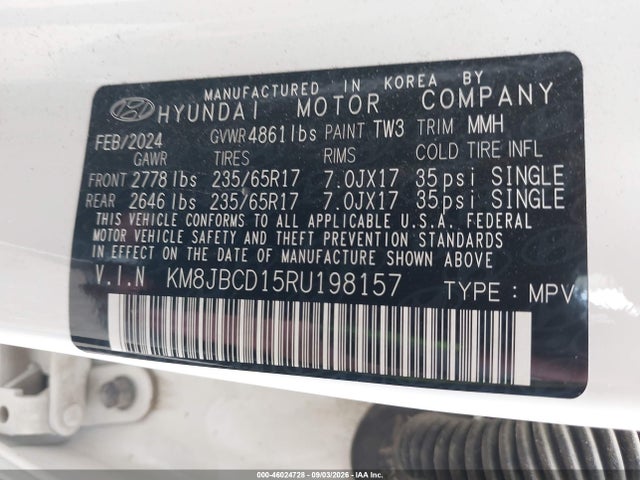 Продажа на аукционе авто 2024 Hyundai Tucson Hybrid Blue, vin: KM8JBCD15RU198157, номер лота: 46024728