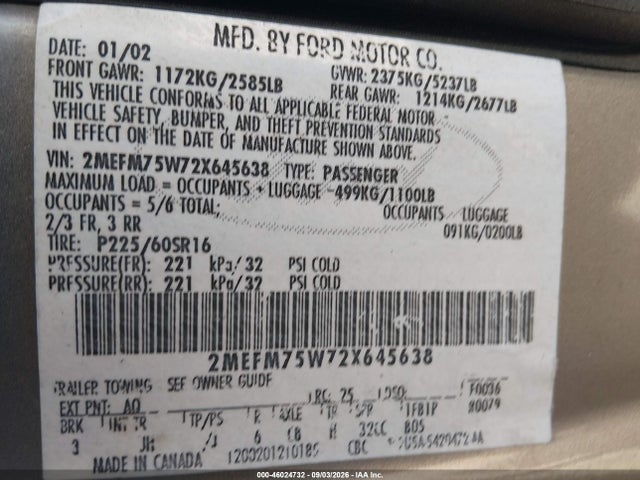 46024732 :رقم المزاد ، 2MEFM75W72X645638 vin ، 2002 Mercury Grand Marquis Ls مزاد بيع
