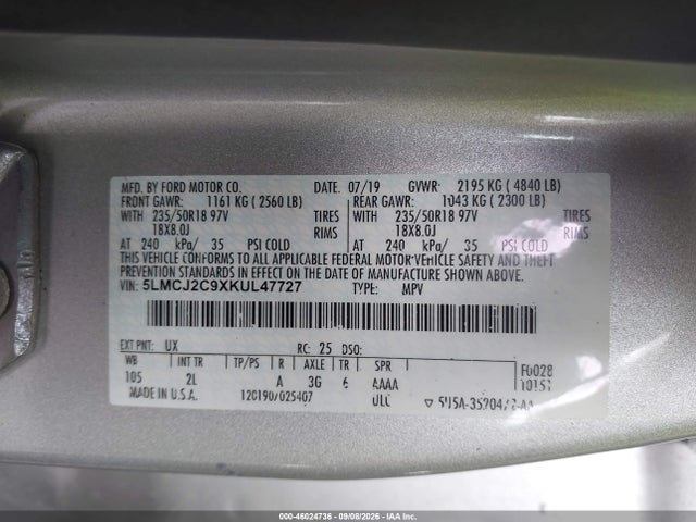 46024736 :رقم المزاد ، 5LMCJ2C9XKUL47727 vin ، 2019 Lincoln Mkc Select مزاد بيع