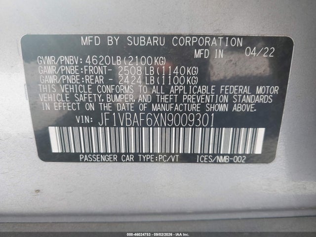 46024753 :رقم المزاد ، JF1VBAF6XN9009301 vin ، 2022 Subaru Wrx Premium مزاد بيع