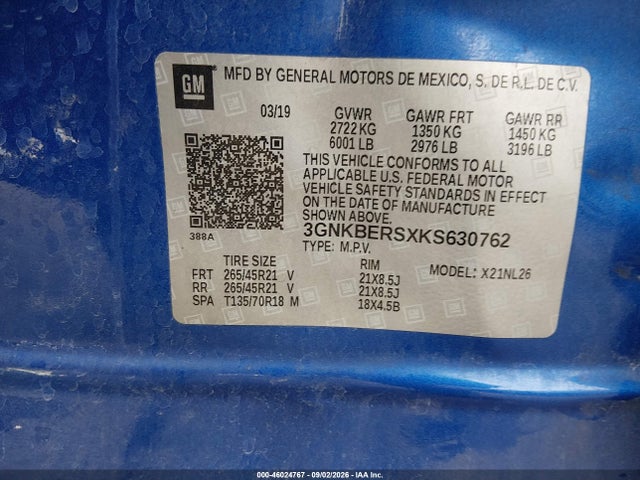 46024767 :رقم المزاد ، 3GNKBERSXKS630762 vin ، 2019 Chevrolet Blazer Rs مزاد بيع