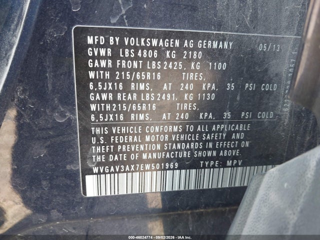 2014 Volkswagen Tiguan S მანქანა იყიდება აუქციონზე, vin: WVGAV3AX7EW501969, აუქციონის ნომერი: 46024774
