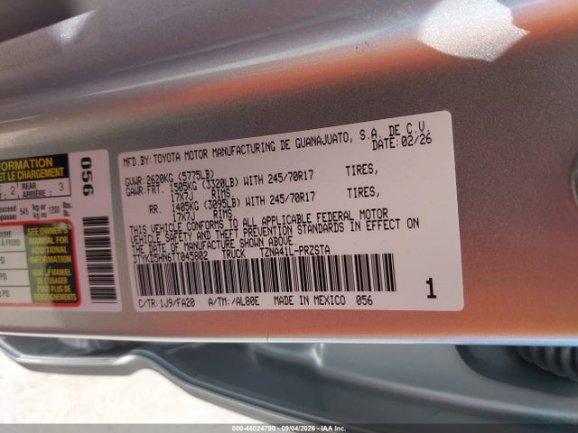 Продаж на аукціоні авто 2026 Toyota Tacoma Sr, vin: 3TYKD5HN6TT045802, номер лоту: 46024790