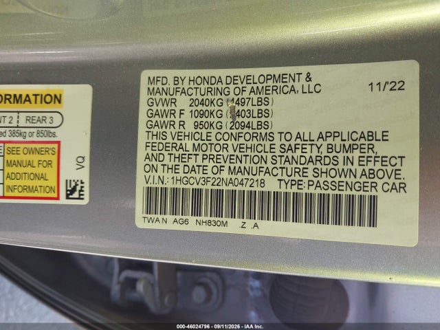 2022 Honda Accord Hybrid Sport მანქანა იყიდება აუქციონზე, vin: 1HGCV3F22NA047218, აუქციონის ნომერი: 46024796