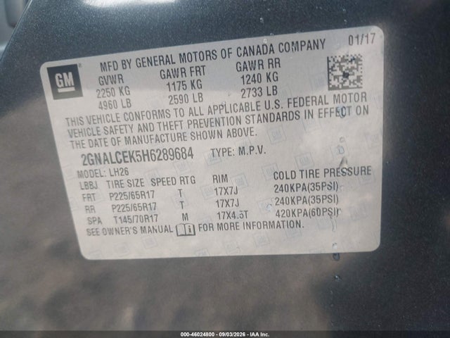 46024800 :رقم المزاد ، 2GNALCEK5H6289684 vin ، 2017 Chevrolet Equinox Lt مزاد بيع
