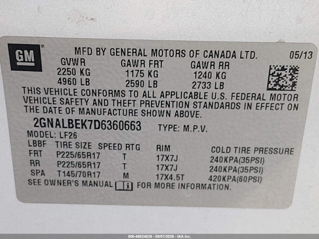Продаж на аукціоні авто 2013 Chevrolet Equinox Ls, vin: 2GNALBEK7D6360663, номер лоту: 46024838