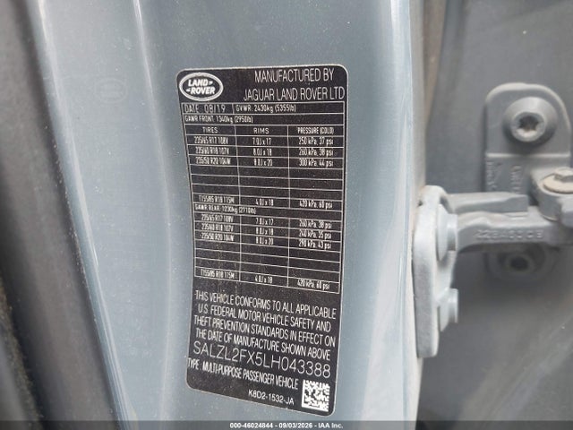 2020 Land Rover Range Rover Evoque First Edition მანქანა იყიდება აუქციონზე, vin: SALZL2FX5LH043388, აუქციონის ნომერი: 46024844