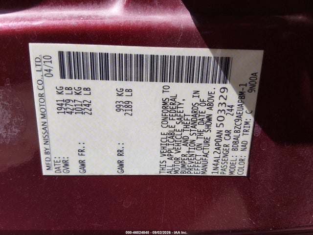46024848 :رقم المزاد ، 1N4AL2AP0AN503329 vin ، 2010 Nissan Altima 2.5 S مزاد بيع