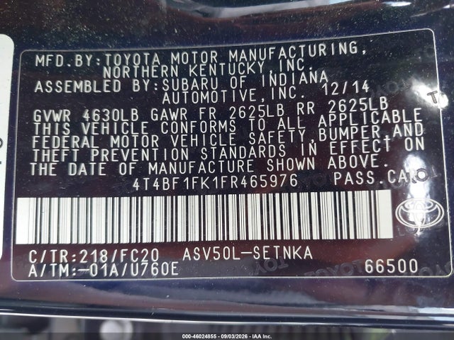 Продажа на аукционе авто 2015 Toyota Camry Le, vin: 4T4BF1FK1FR465976, номер лота: 46024855