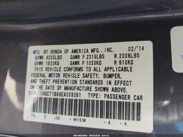Продаж на аукціоні авто 2014 Honda Accord Ex-l, vin: 1HGCT1B88EA009061, номер лоту: 46024856