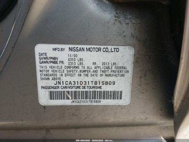 2001 Nissan Maxima Gxe მანქანა იყიდება აუქციონზე, vin: JN1CA31D31T815809, აუქციონის ნომერი: 46024892