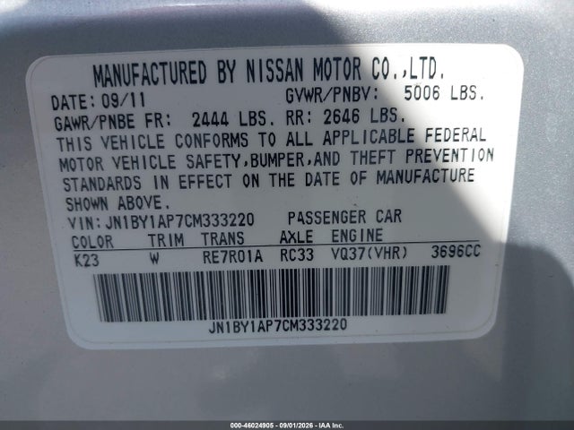 Продаж на аукціоні авто 2012 Infiniti M37, vin: JN1BY1AP7CM333220, номер лоту: 46024905