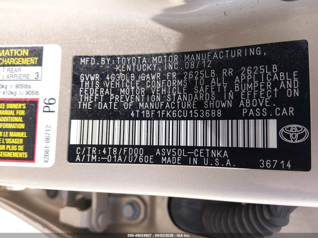 Продажа на аукционе авто 2012 Toyota Camry Le, vin: 4T1BF1FK6CU153688, номер лота: 46024907