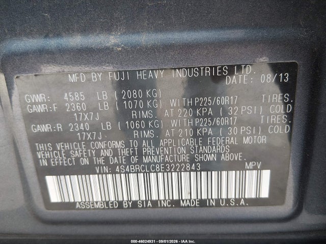 Aukcja sprzedaży 2014 Subaru Outback 2.5i Limited, vin: 4S4BRCLC8E3222843, numer aukcji: 46024931