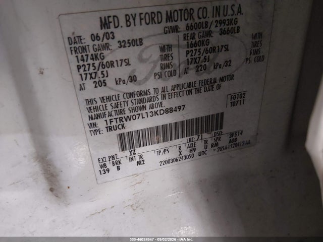 Aukcja sprzedaży 2003 Ford F-150 Lariat/xlt, vin: 1FTRW07L13KD88497, numer aukcji: 46024947