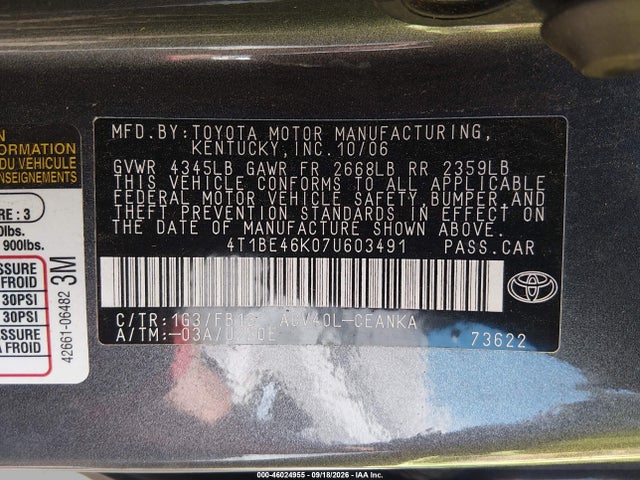 46024955 :رقم المزاد ، 4T1BE46K07U603491 vin ، 2007 Toyota Camry Le مزاد بيع