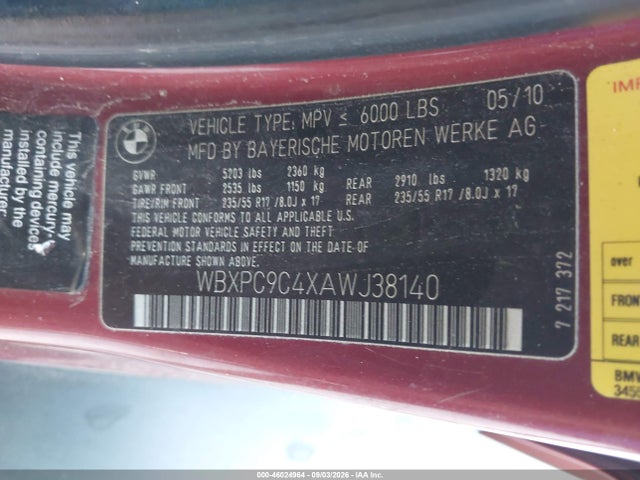 46024964 :رقم المزاد ، WBXPC9C4XAWJ38140 vin ، 2010 Bmw X3 Xdrive30i مزاد بيع