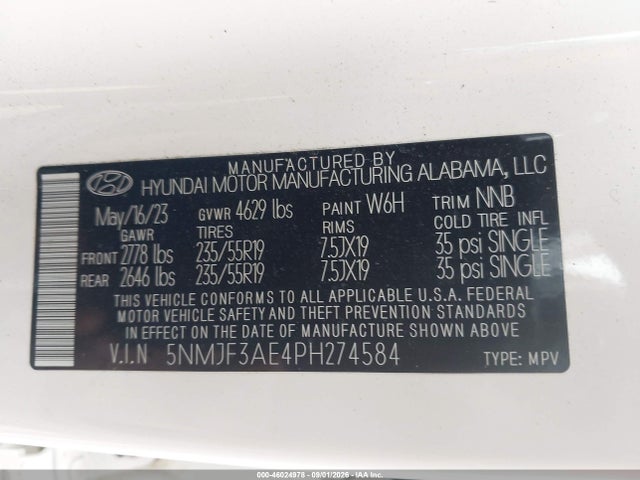 46024978 :رقم المزاد ، 5NMJF3AE4PH274584 vin ، 2023 Hyundai Tucson Sel مزاد بيع