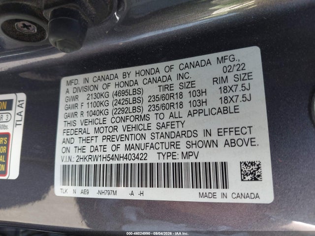 2022 Honda Cr-v 2wd Ex მანქანა იყიდება აუქციონზე, vin: 2HKRW1H54NH403422, აუქციონის ნომერი: 46024990