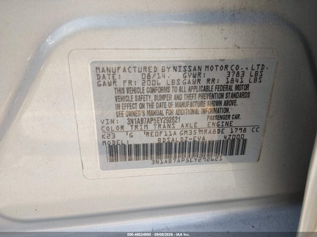 2014 Nissan Sentra Sv მანქანა იყიდება აუქციონზე, vin: 3N1AB7AP5EY292621, აუქციონის ნომერი: 46024995