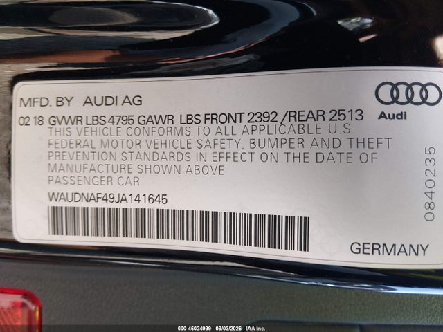 46024999 :رقم المزاد ، WAUDNAF49JA141645 vin ، 2018 Audi A4 2.0t Premium/2.0t Tech Premium مزاد بيع