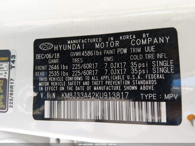 Продаж на аукціоні авто 2019 Hyundai Tucson Value, vin: KM8J33A42KU913817, номер лоту: 46025005