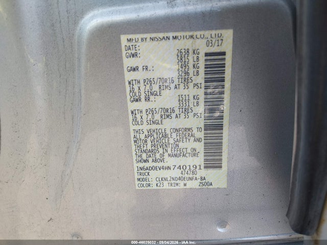 46025032 :رقم المزاد ، 1N6AD0EV4HN740191 vin ، 2017 Nissan Frontier Sv مزاد بيع