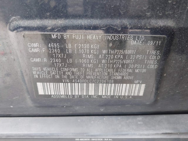 Aukcja sprzedaży 2012 Subaru Outback 3.6r Limited, vin: 4S4BRDLC7C2206108, numer aukcji: 46025035